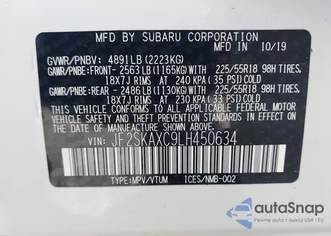 2020 Subaru Forester Touring z USA, uszkodzony, nr VIN JF2SKAXC9LH450634